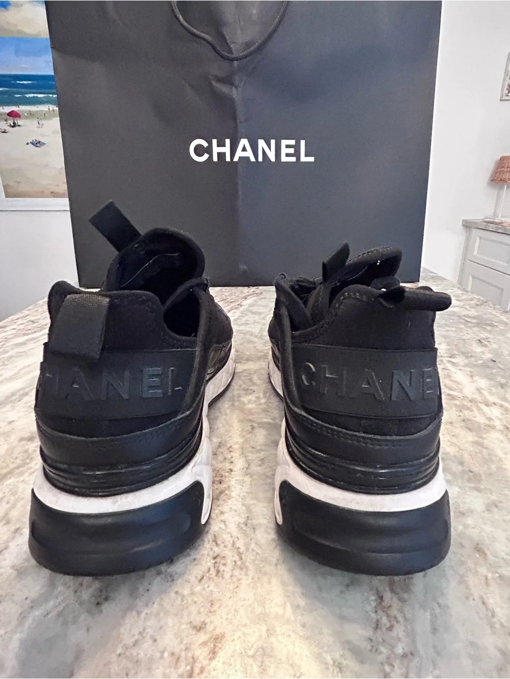 CHANEL Black Leather Sneaker, Gold CC Accent,White quilted platform Sole391/2